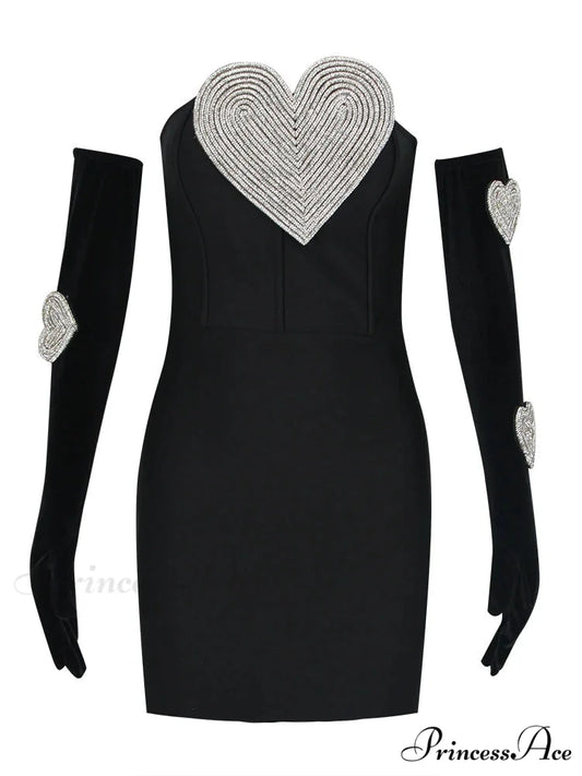 Sexy Strapless Heart Diamonds Bandage Gloves Black Backless Bodycon Christmas Party Dress Black / S