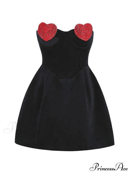 Sexy Strapless Heart Shape Crystal Design Mini Dress Velvet A-Line Christmas Party Dress Black / S