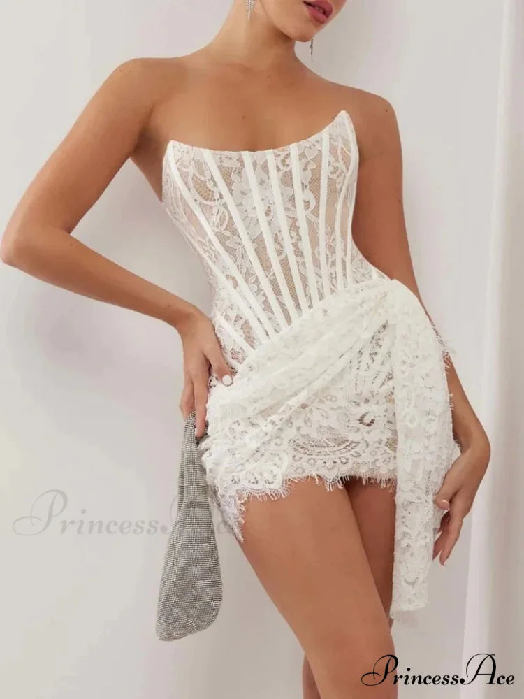 Sexy Strapless Lace Corset Mini Dress Sleeveless Lace-up Draped Bodycon Christmas Party Dress