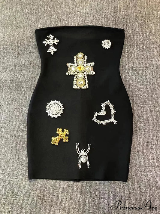 Sexy Strapless Luxury Diamonds Bandage Black Sleeveless Beaded Mini Evening Christmas Party Dress Black / S