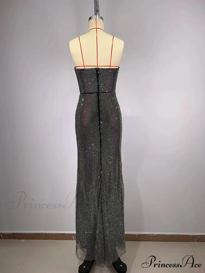 Sexy Strapless Luxury Diamonds Long Dress Shiny Sequins Crystal Folds Christmas Party Dress