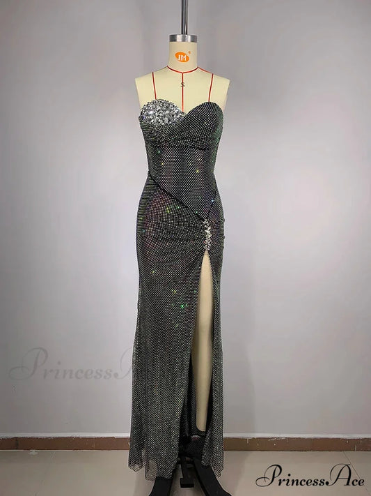 Sexy Strapless Luxury Diamonds Long Dress Shiny Sequins Crystal Folds Christmas Party Dress Black / S