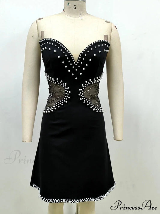 Sexy Strapless Mesh Patchwork Pearl Beaded Mini Black Sleeveless Christmas Party Dress Black / XS