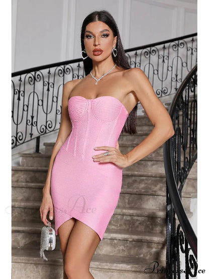 Sexy Strapless Mini Bandage Pink Sleeveless Backless Bodycon Christmas Party Dress Pink / S