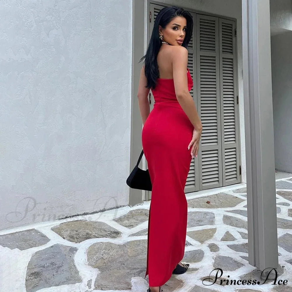 Sexy Strapless Slim Hollow Out Maxi Red Christmas Party Dress