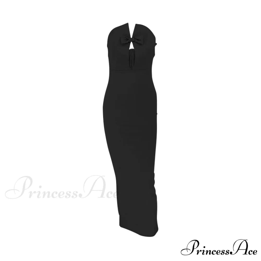 Sexy Strapless Slim Hollow Out Maxi Red Christmas Party Dress Black / S