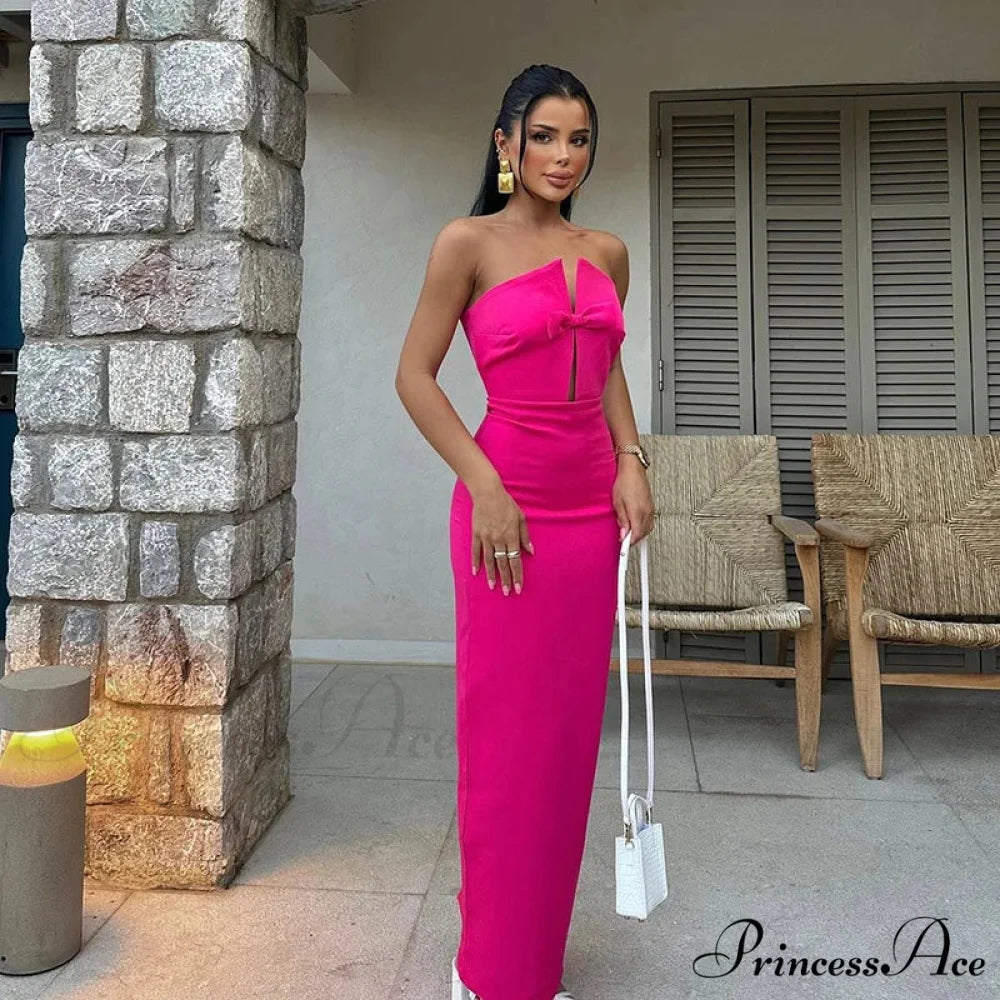 Sexy Strapless Slim Hollow Out Maxi Red Christmas Party Dress Rose Red / S