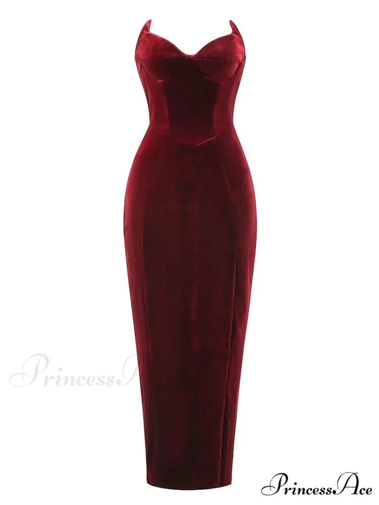 Sexy Strapless V Neck Velvet Maxi Dress Women Burgundy Black Christmas Party Dress Burgundy / S