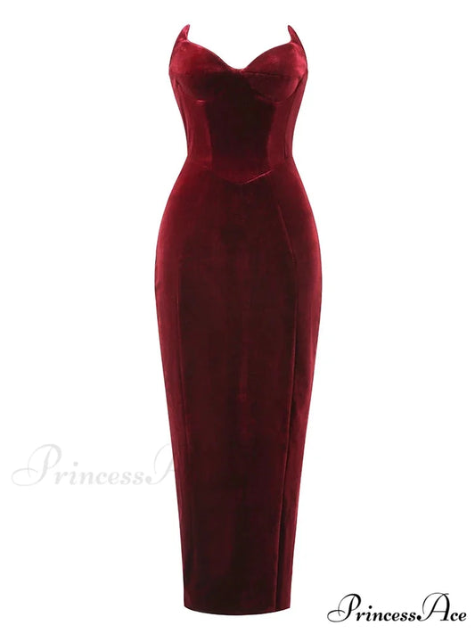 Sexy Strapless V Neck Velvet Maxi Dress Women Burgundy Black Christmas Party Dress Burgundy / S