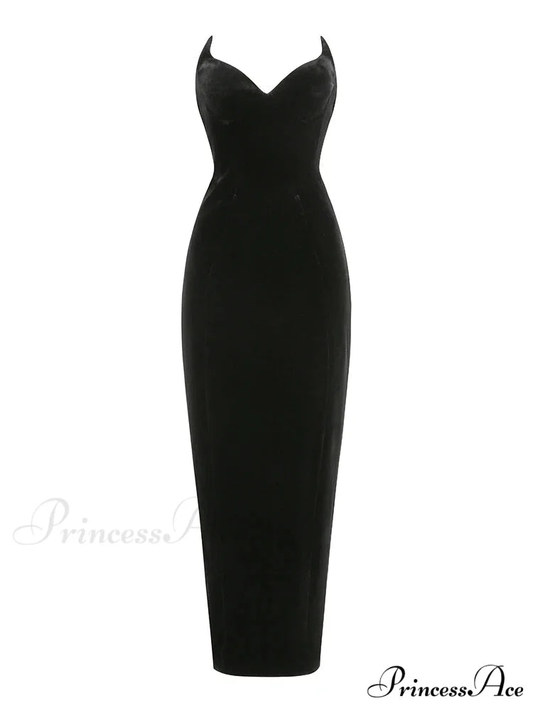 Sexy Strapless V Neck Velvet Maxi Dress Women Burgundy Black Christmas Party Dress Black / S