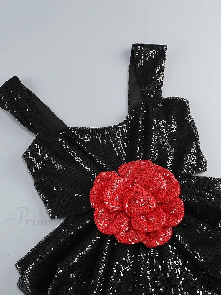 Sexy Straps 3D Flower Shiny Sequins Folds Long Cutout Slim Christmas Party Dress