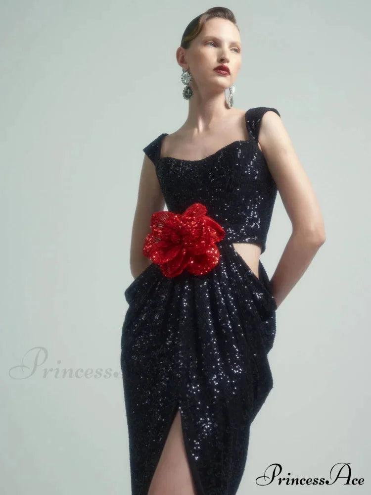 Sexy Straps 3D Flower Shiny Sequins Folds Long Cutout Slim Christmas Party Dress