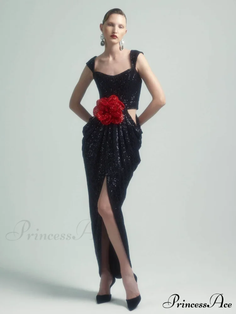 Sexy Straps 3D Flower Shiny Sequins Folds Long Cutout Slim Christmas Party Dress