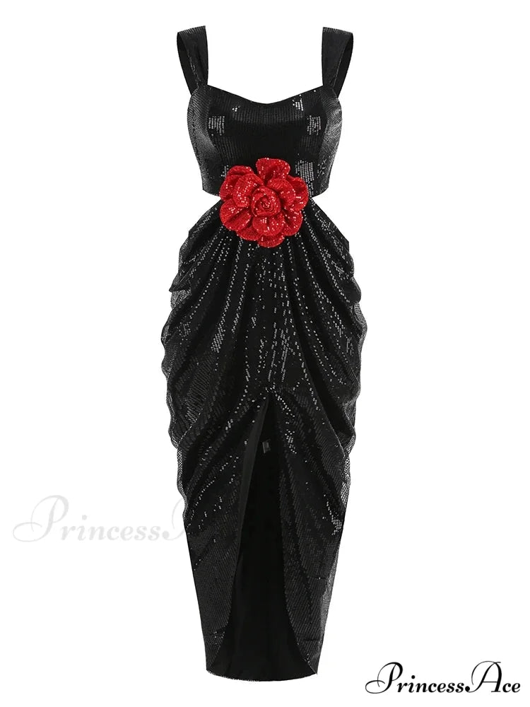 Sexy Straps 3D Flower Shiny Sequins Folds Long Cutout Slim Christmas Party Dress Black / XS