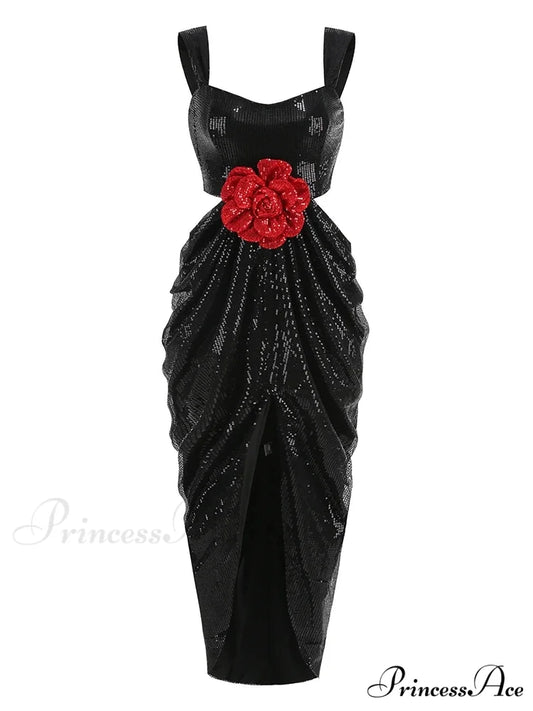 Sexy Straps 3D Flower Shiny Sequins Folds Long Cutout Slim Christmas Party Dress Black / XS