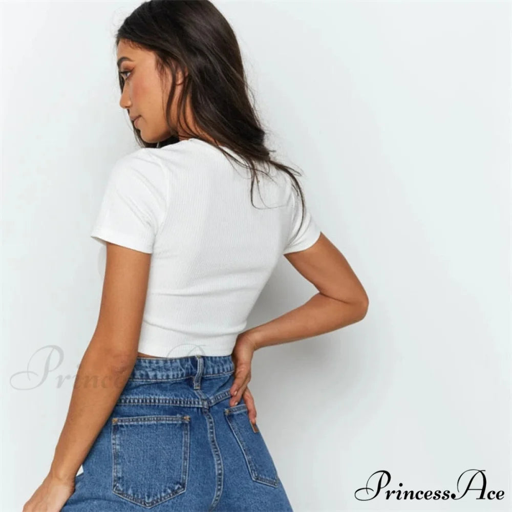 Sexy Streetwear Ribber Black Short Sleeve Tops