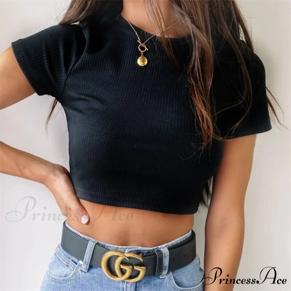 Sexy Streetwear Ribber Black Short Sleeve Tops Black / S