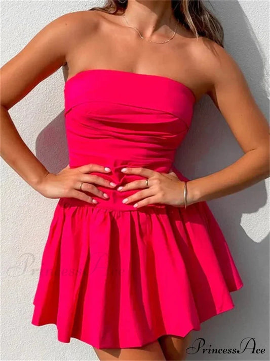 Sexy Summer Tube Strapless Off Shoulder Solid Ruched Mini Dress RED / S