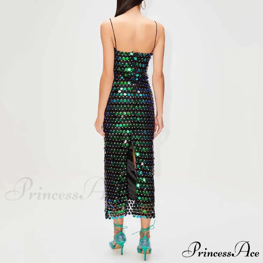 Sexy Suspender Slim Sequin Sleeveless Sling Cocktail Evening Gown Chic Lady Elegant Sequins Backless Party Dress