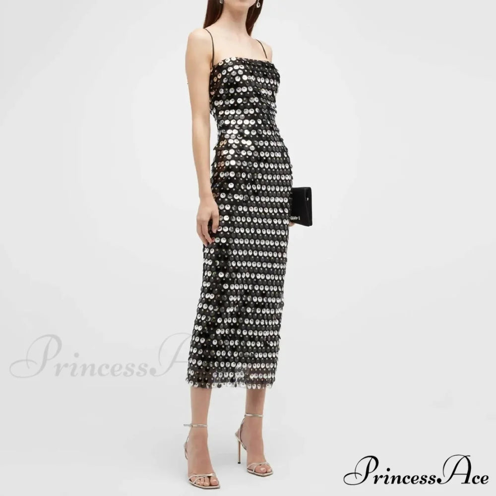 Sexy Suspender Slim Sequin Sleeveless Sling Cocktail Evening Gown Chic Lady Elegant Sequins Backless Party Dress