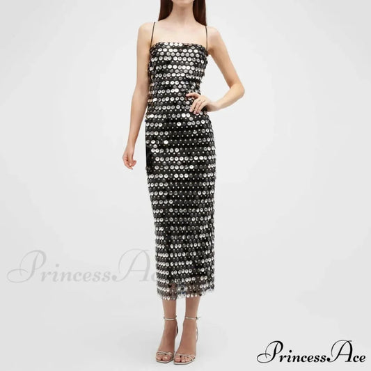 Sexy Suspender Slim Sequin Sleeveless Sling Cocktail Evening Gown Chic Lady Elegant Sequins Backless Party Dress Black