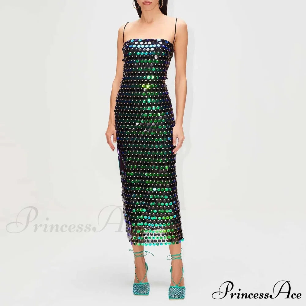 Sexy Suspender Slim Sequin Sleeveless Sling Cocktail Evening Gown Chic Lady Elegant Sequins Backless Party Dress Green