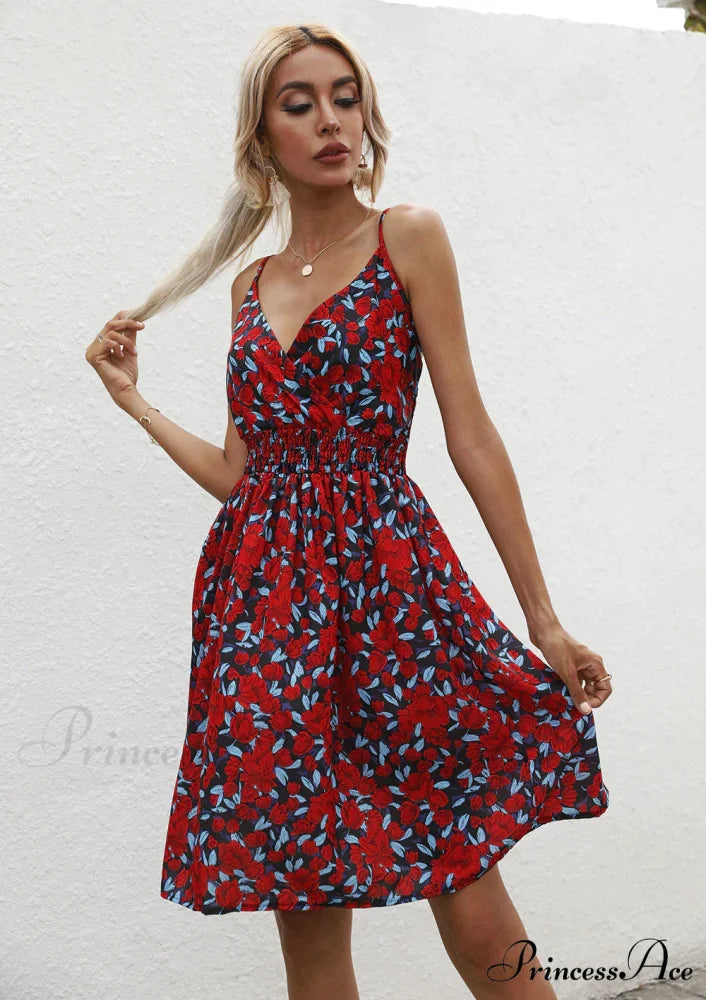 Sexy Suspenders V Neck Mini Skirt Casual Summer Floral Print Dress L / BLACK