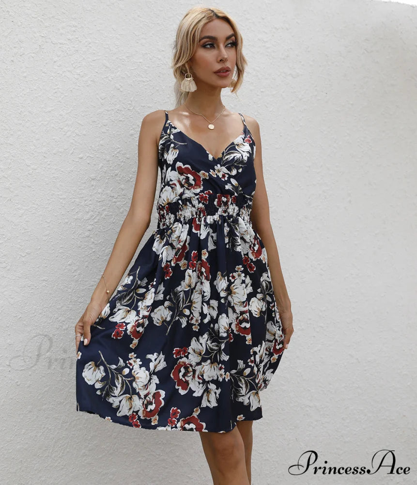 Sexy Suspenders V Neck Mini Skirt Casual Summer Floral Print Dress L / RED