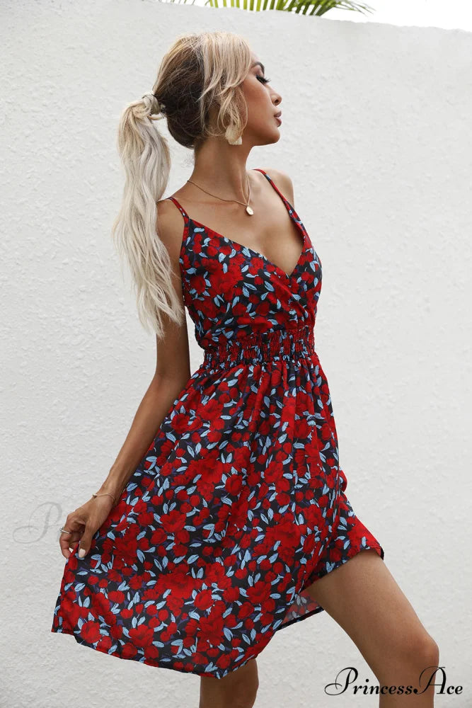 Sexy Suspenders V Neck Mini Skirt Casual Summer Floral Print Dress L / WHITE