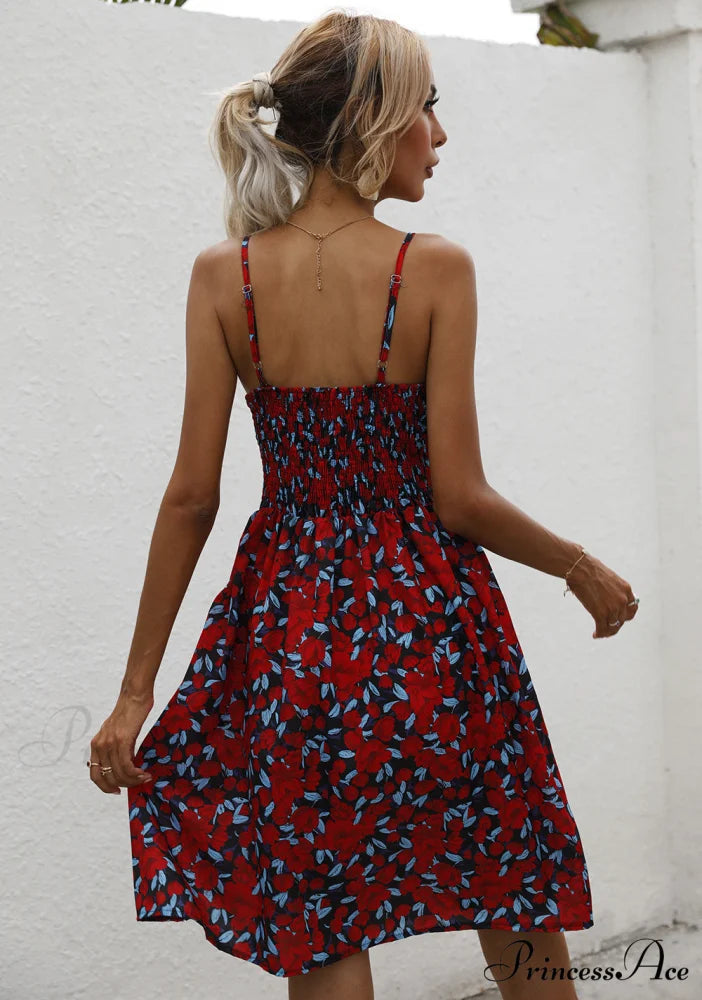Sexy Suspenders V Neck Mini Skirt Casual Summer Floral Print Dress M / BLACK