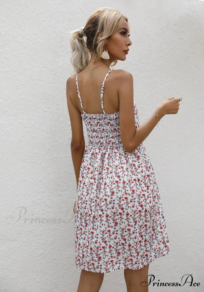 Sexy Suspenders V Neck Mini Skirt Casual Summer Floral Print Dress M / RED