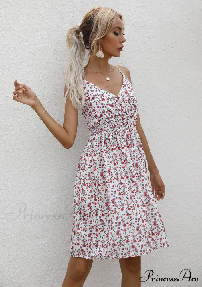 Sexy Suspenders V Neck Mini Skirt Casual Summer Floral Print Dress M / WHITE