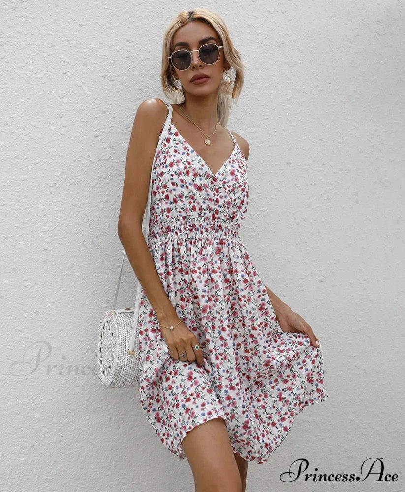 Sexy Suspenders V Neck Mini Skirt Casual Summer Floral Print Dress S / RED