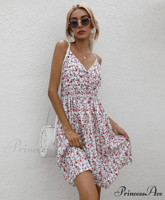 Sexy Suspenders V Neck Mini Skirt Casual Summer Floral Print Dress S / RED