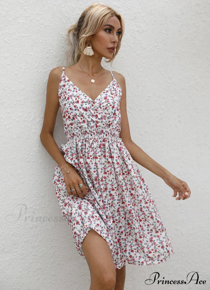 Sexy Suspenders V Neck Mini Skirt Casual Summer Floral Print Dress S / WHITE
