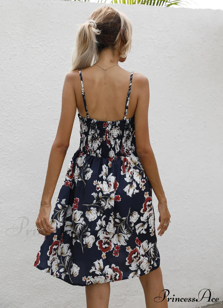 Sexy Suspenders V Neck Mini Skirt Casual Summer Floral Print Dress XL / BLACK