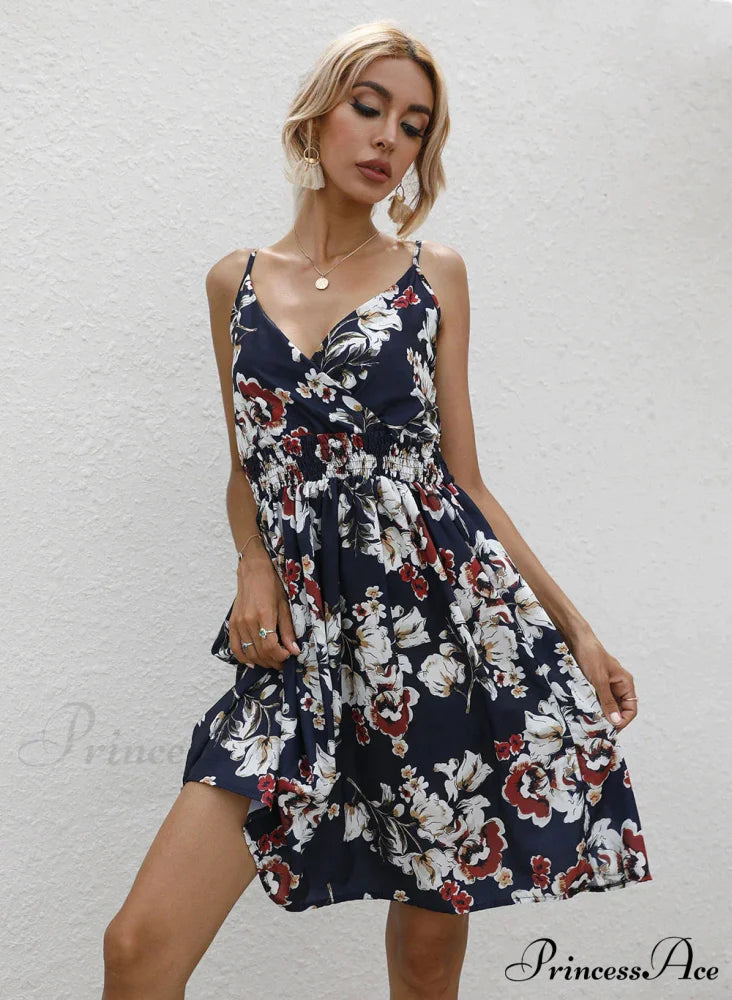 Sexy Suspenders V Neck Mini Skirt Casual Summer Floral Print Dress XL / RED