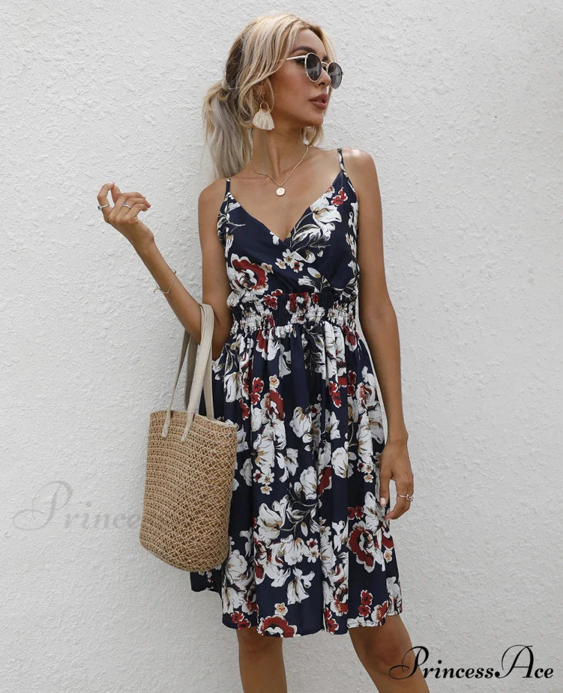 Sexy Suspenders V Neck Mini Skirt Casual Summer Floral Print Dress XXL / BLACK