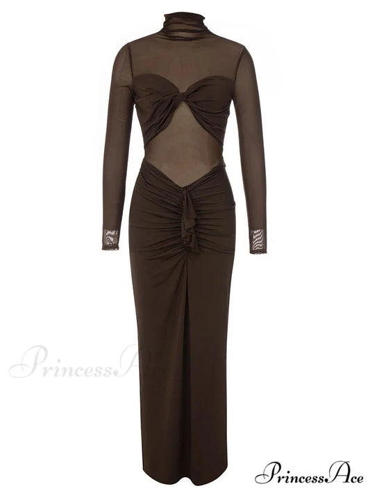 Sexy Turtleneck Mesh Patchwork Folds Brown Long Sleeve Draped Christmas Party Dress Brown / XS
