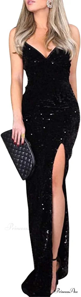 Sexy V Neck Bodycon Sequin Gown Christmas Evening Dress A-black / 2