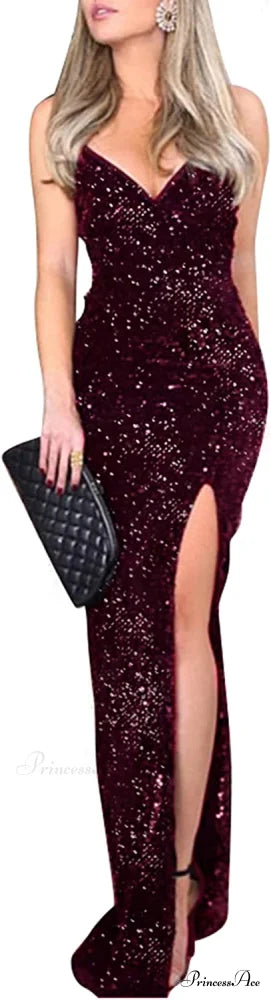Sexy V Neck Bodycon Sequin Gown Christmas Evening Dress A-wine Red / 2