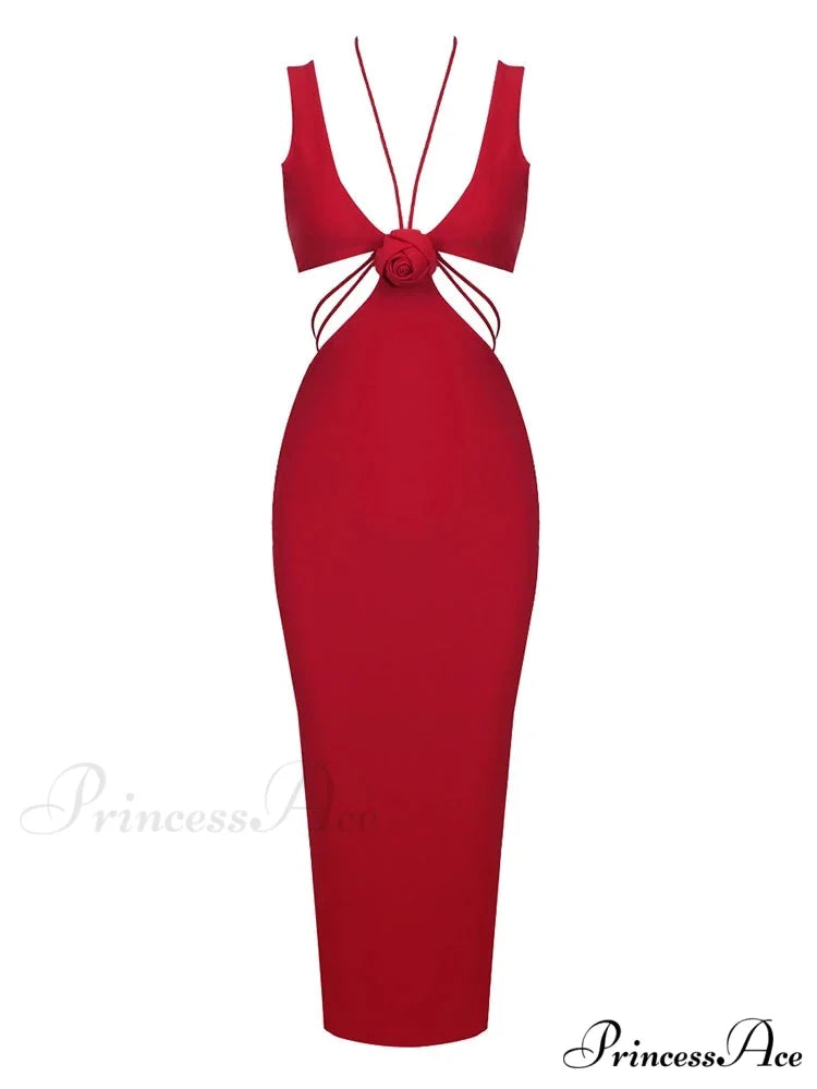 Sexy V Neck Flower Hollow Out Design Midi Dress Halter Christmas Party Dress Red / S