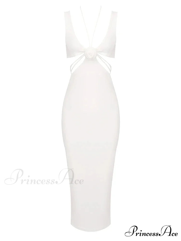 Sexy V Neck Flower Hollow Out Design Midi Dress Halter Christmas Party Dress WHITE / S
