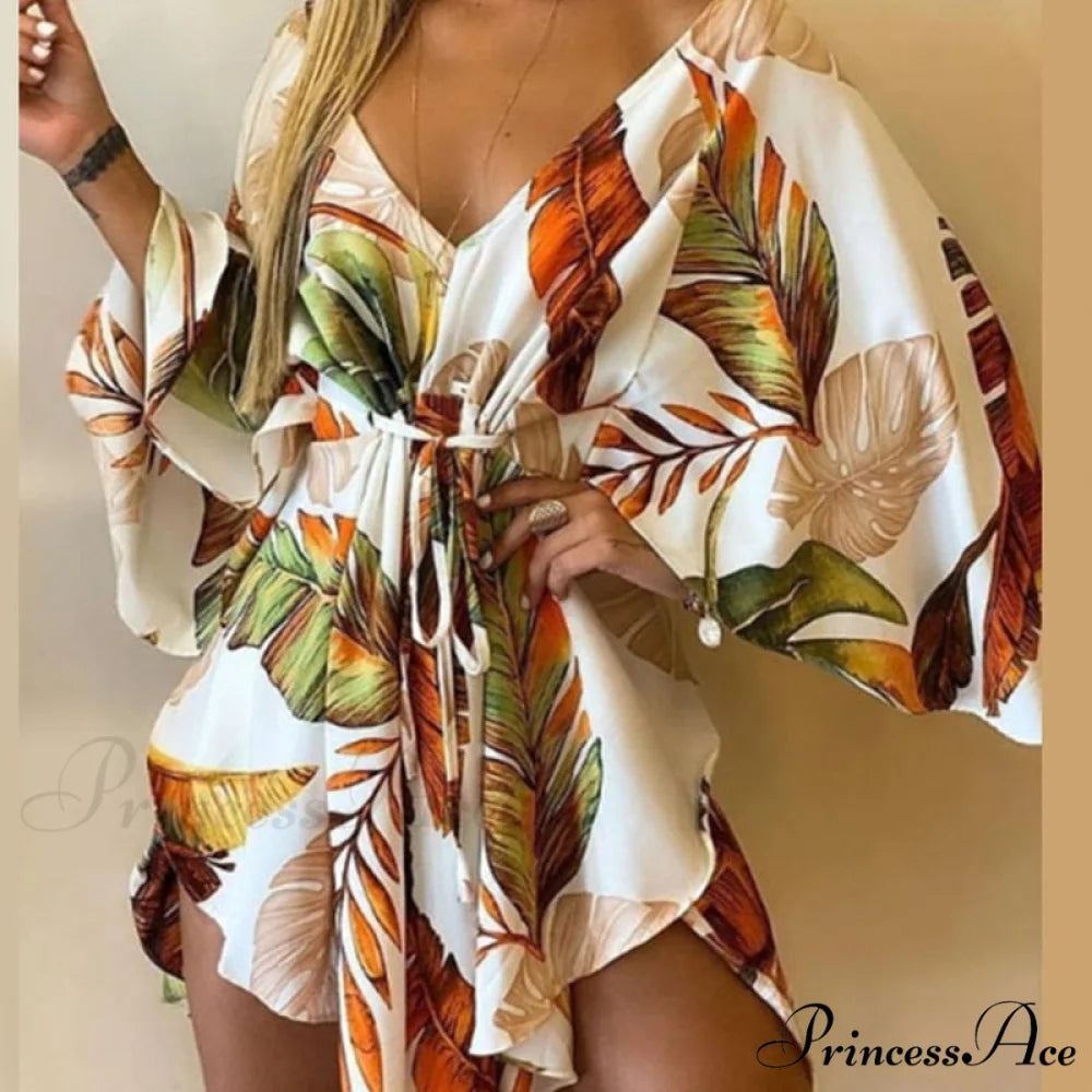 Sexy V-Neck Foliage Design Leopard Elegant Casual Harajuku Lady Arm Warm-Season Gown Mini Lace-Up Batwing Women