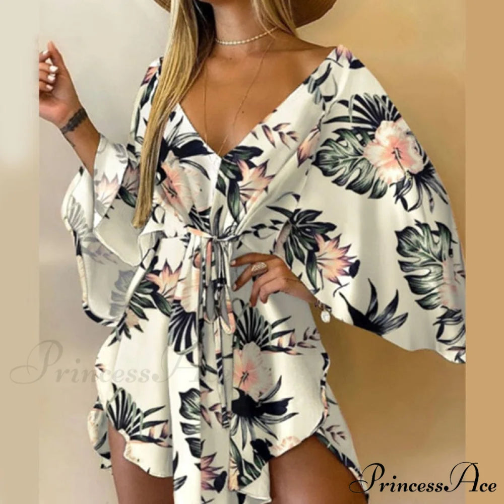 Sexy V-Neck Foliage Design Leopard Elegant Casual Harajuku Lady Arm Warm-Season Gown Mini Lace-Up Batwing Women