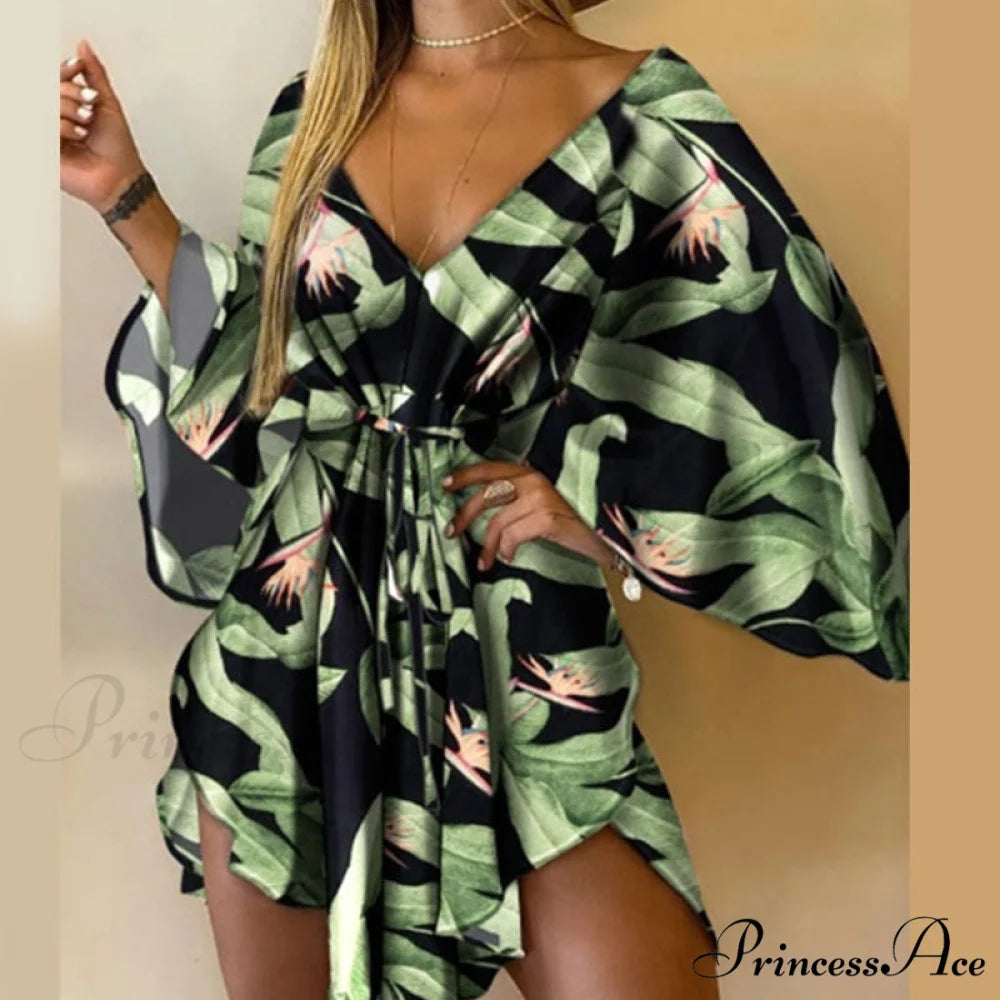 Sexy V-Neck Foliage Design Leopard Elegant Casual Harajuku Lady Arm Warm-Season Gown Mini Lace-Up Batwing Women