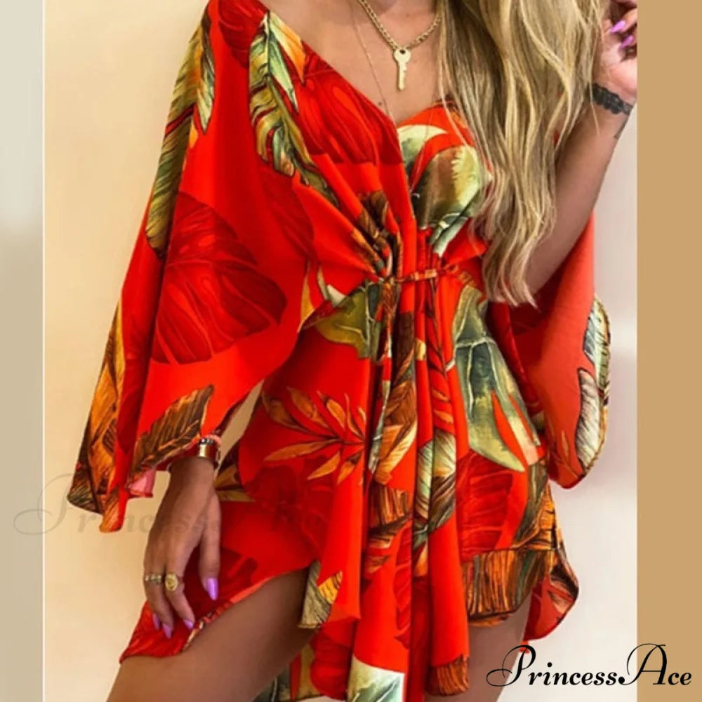 Sexy V-Neck Foliage Design Leopard Elegant Casual Harajuku Lady Arm Warm-Season Gown Mini Lace-Up Batwing Women