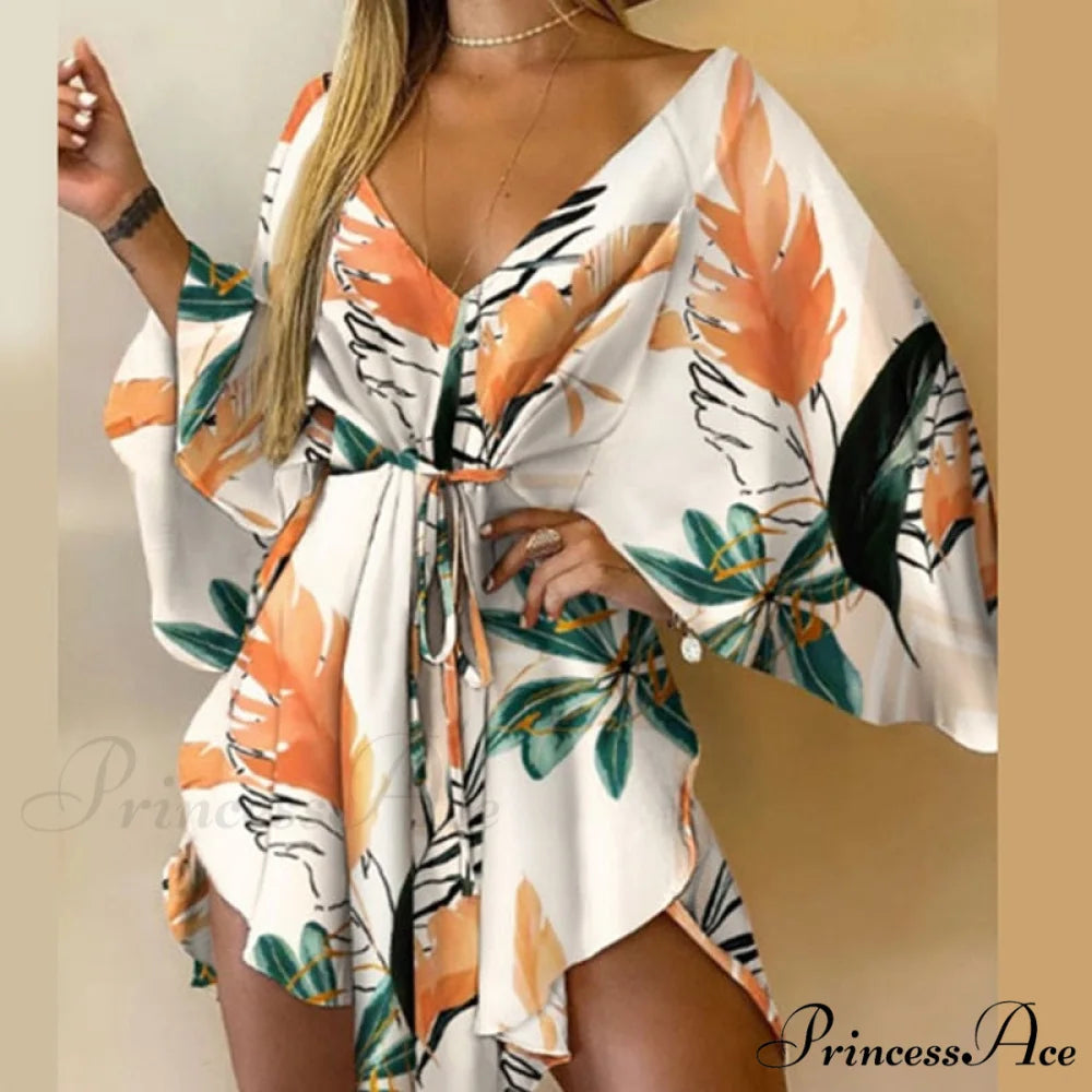 Sexy V-Neck Foliage Design Leopard Elegant Casual Harajuku Lady Arm Warm-Season Gown Mini Lace-Up Batwing Women