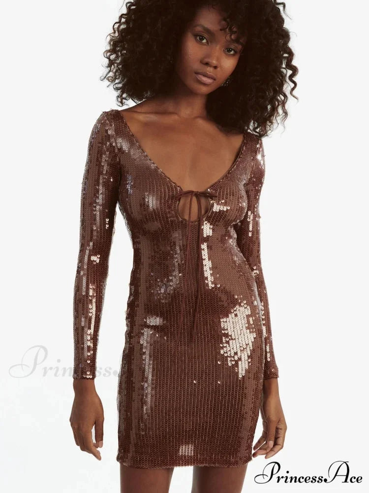Sexy V Neck Long Sleeves Backless Sequin Mini Dress Women Christmas Party Dress