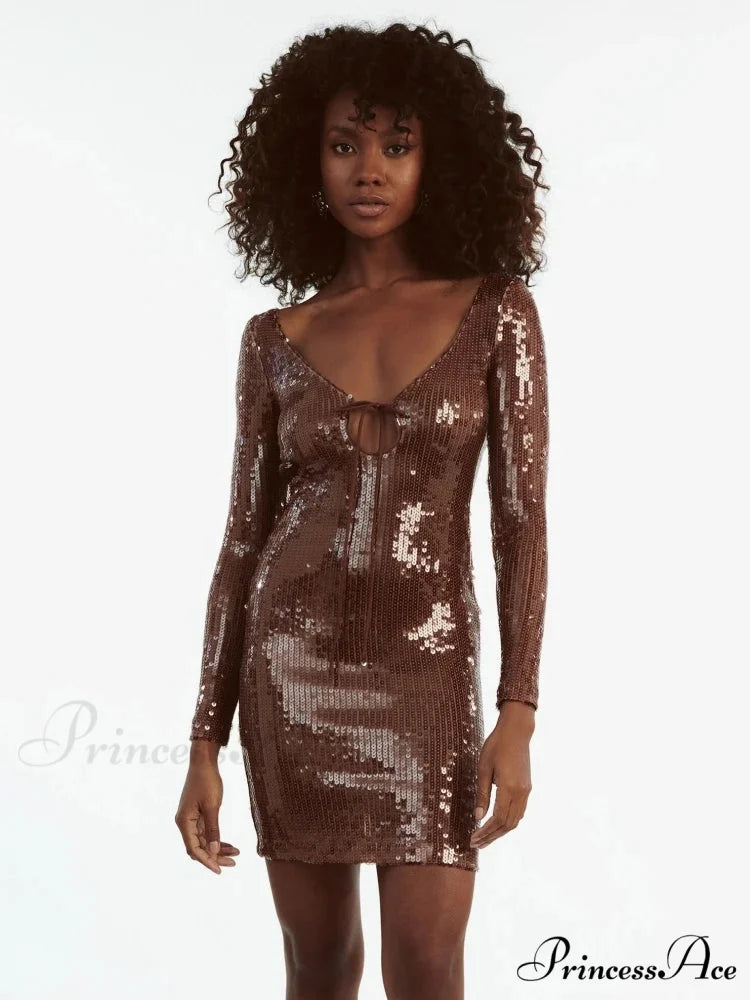 Sexy V Neck Long Sleeves Backless Sequin Mini Dress Women Christmas Party Dress